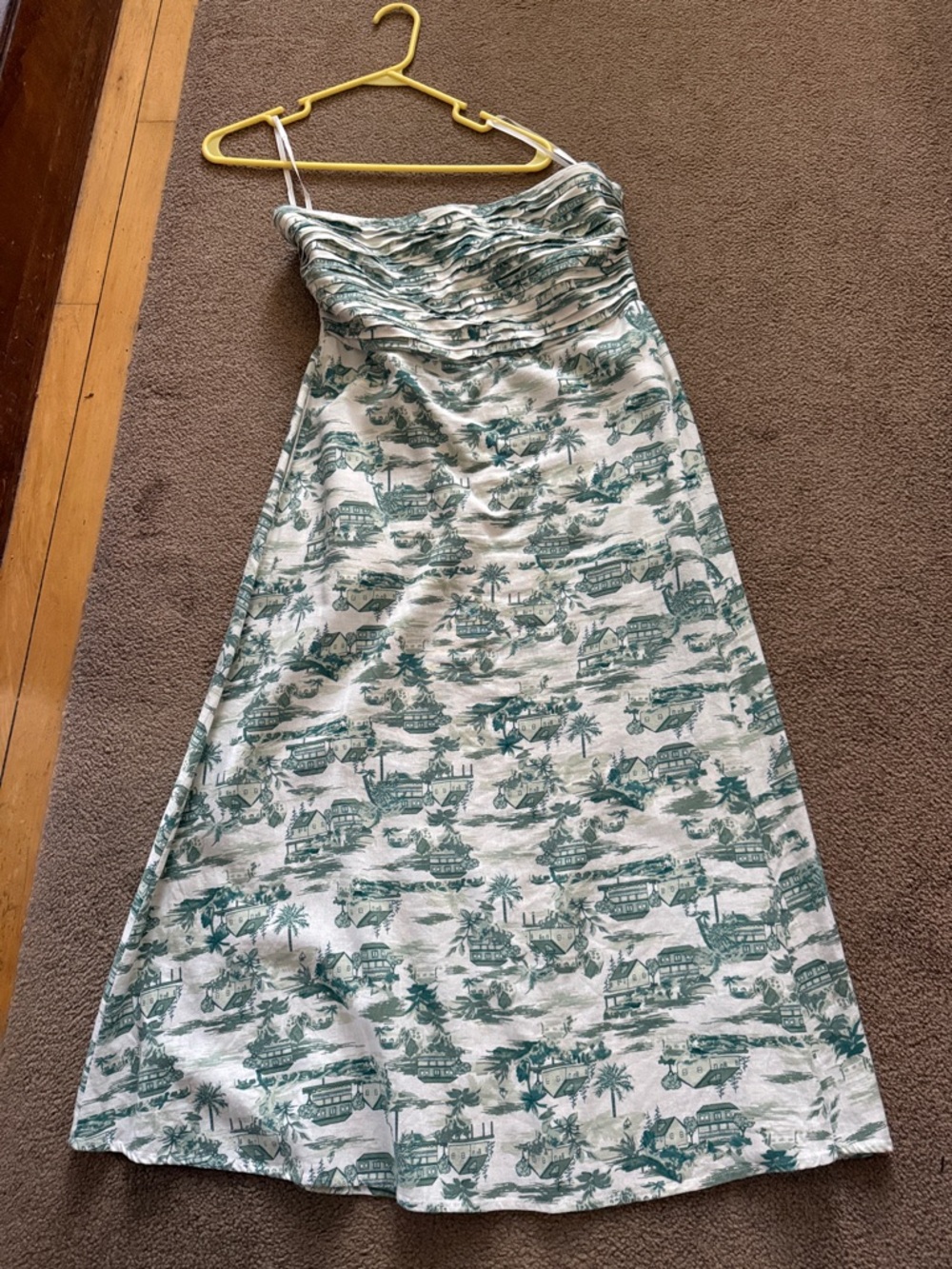 Tahari Strapless Maxi Dress in Green and White Toile Print